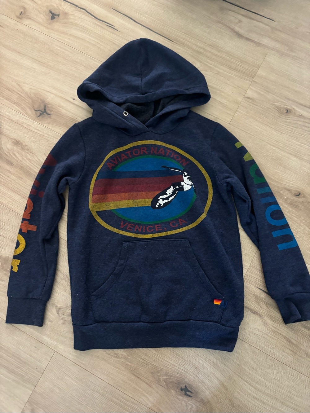 Aviator Nation Navy Hoodie with Rainbow Striped Logo